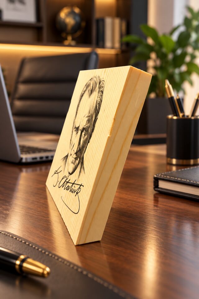 Atatürk Ahşap Tablo 12,5x12,5 cm – İmzalı Portre Masaüstü Duvar Dekoru Hediyelik