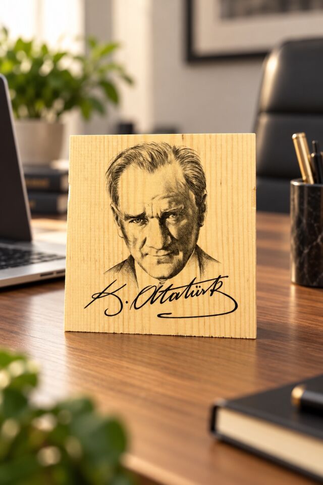 Atatürk Ahşap Tablo 12,5x12,5 cm – İmzalı Portre Masaüstü Duvar Dekoru Hediyelik